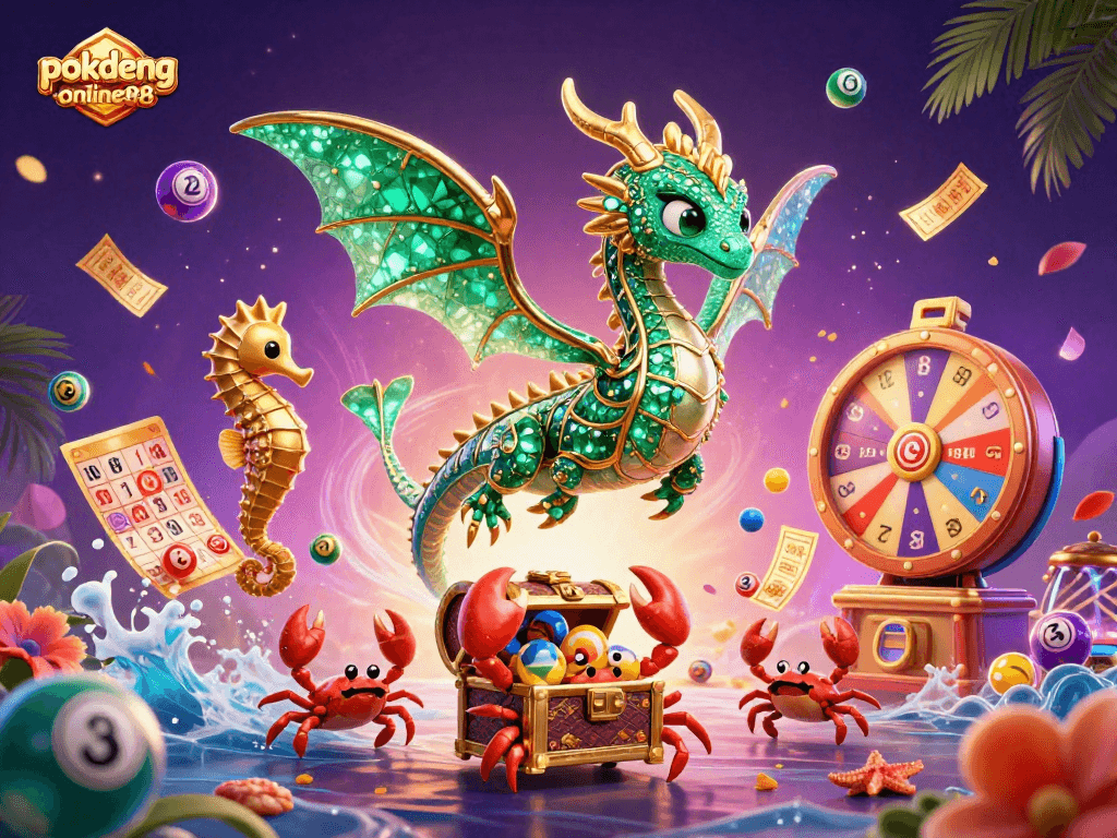 Witness the excitement at pokdeng-online88 with a vibrant sea dragon, colorful lottery elements, and stunning 3D design.