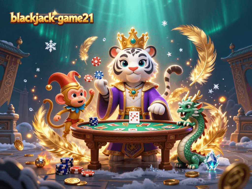 Experience thrilling blackjack-game21 action with a royal tiger, jester monkey, and jade dragon in a vibrant scene.