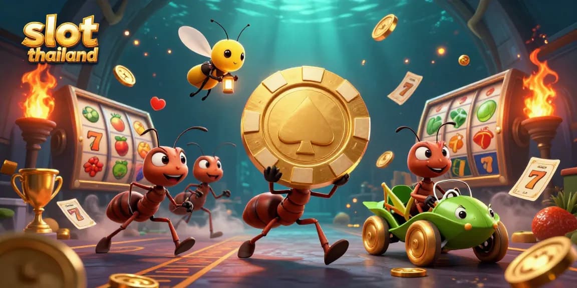 Experience exciting gameplay at slot thailand with lively ants carrying a giant poker chip in a dynamic heist