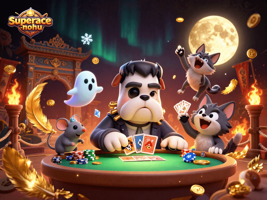 Experience thrilling gameplay with superace-nohu as a Frankenstein bulldog deals cards amidst gold coins and mystery.