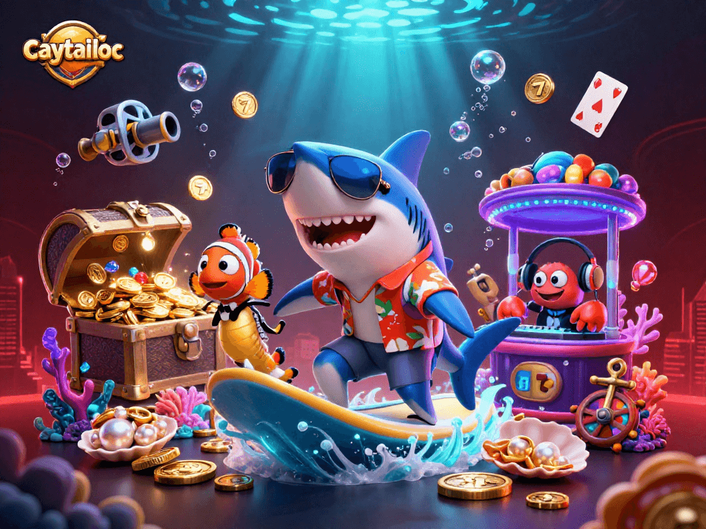 Engage in the exciting world of caytailoc with a vibrant casino illustration featuring a shark and gold coins.
