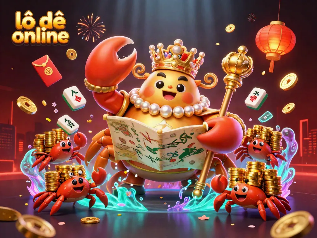 Experience the thrill of lô đề online with a vibrant, lively illustration featuring a golden crab emperor and festive game elements.