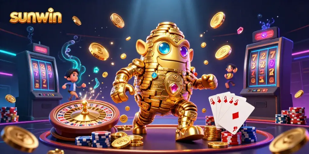 Experience thrilling gaming at sunwin with dynamic elements of a 3D cartoon golden golem and casino symbols.