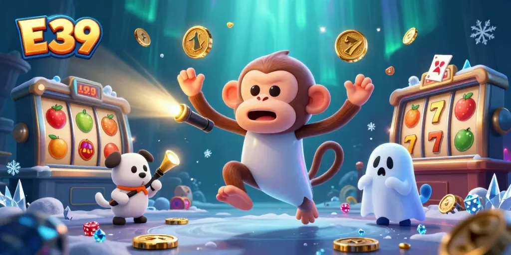 Experience E 39's vibrant haunted casino with our mischievous poltergeist monkey and ghost-hunter puppy.