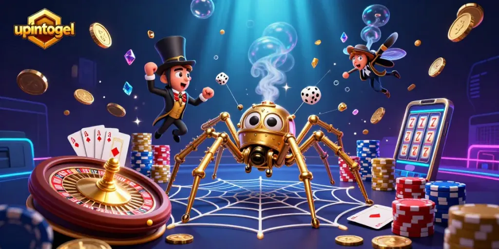 Gambarkan momen menarik di upintogel saat laba-laba steampunk merajut rangkaian keberuntungan dengan jaring emas dan dadu.