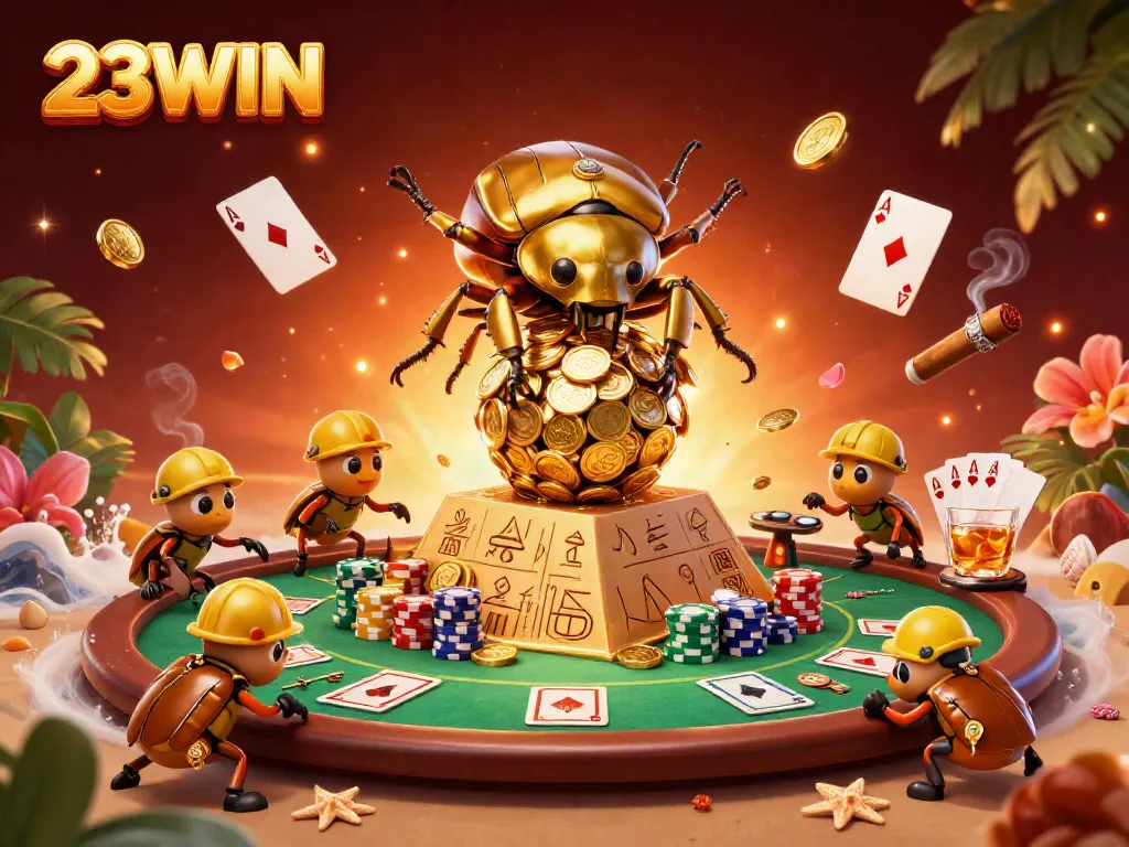 Experience thrilling 23WIN casino action with dynamic beetle characters and poker elements in a vibrant setting.