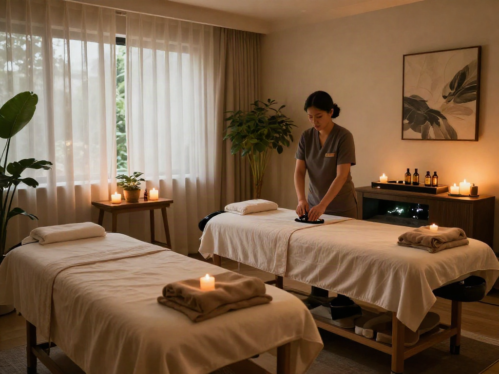 양천구출장마사지 therapy room with calming ambiance and soothing elements