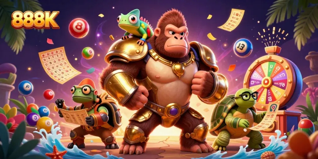 Join the exciting 888K casino experience with vibrant lottery elements and friendly characters!