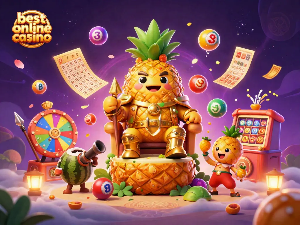 Engage with the best online casino experience featuring a vibrant casino scene with an animated pineapple king.