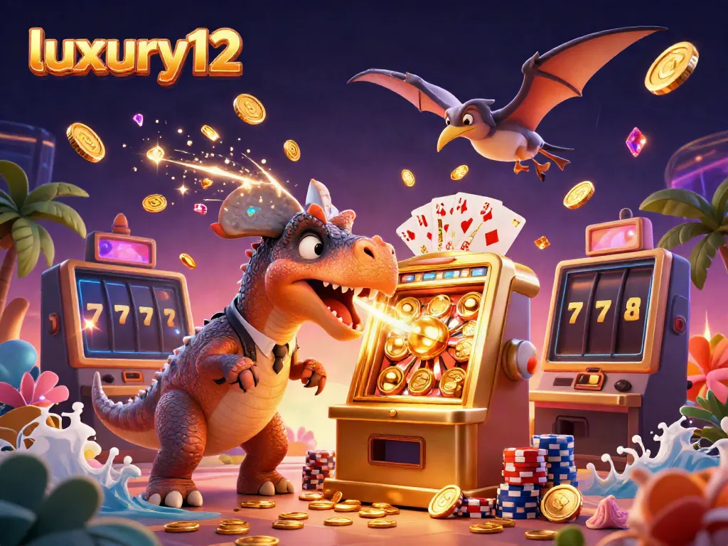 Experience luxury12 excitement with a pachycephalosaurus winning jackpot coins in a vibrant casino scene.