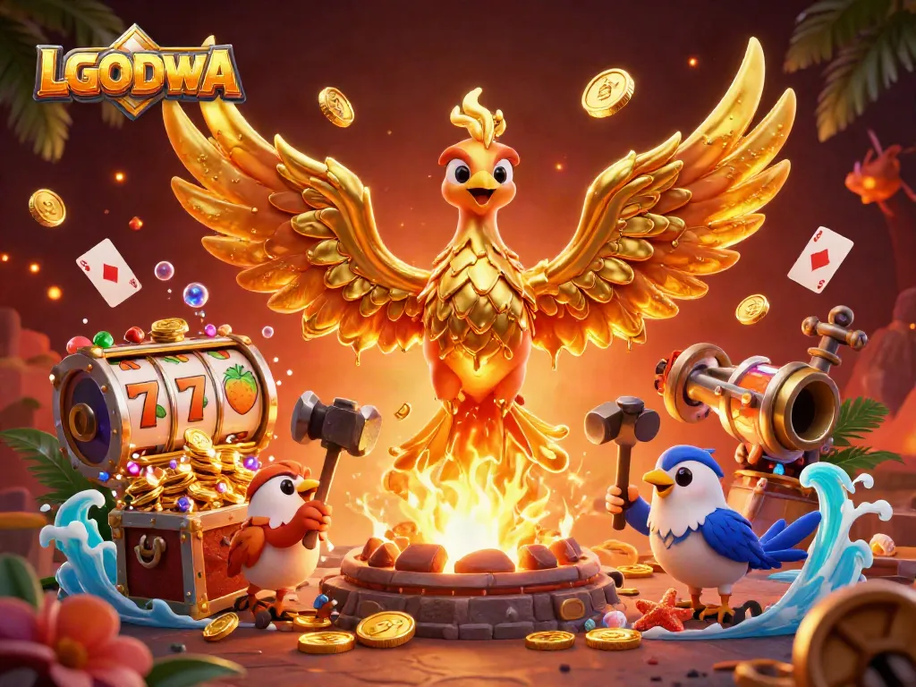 Engage with LGODEWA's thrilling gaming adventure featuring a golden phoenix and explosive treasures.
