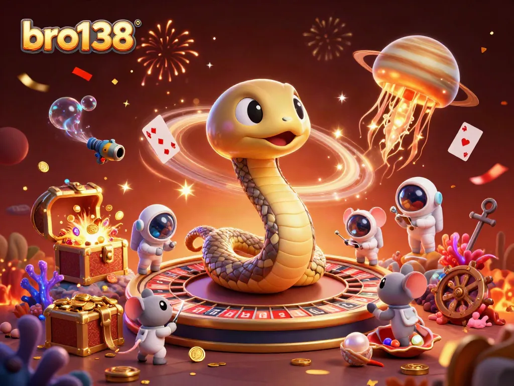 Engage in thrilling gameplay at bro138, surrounded by cosmic-themed casino action with colorful treasures.
