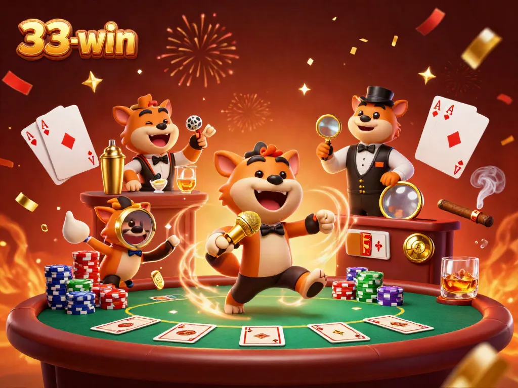 Experience the vibrant world of 33-win as hyenas entertain in a colorful casino with poker elements.