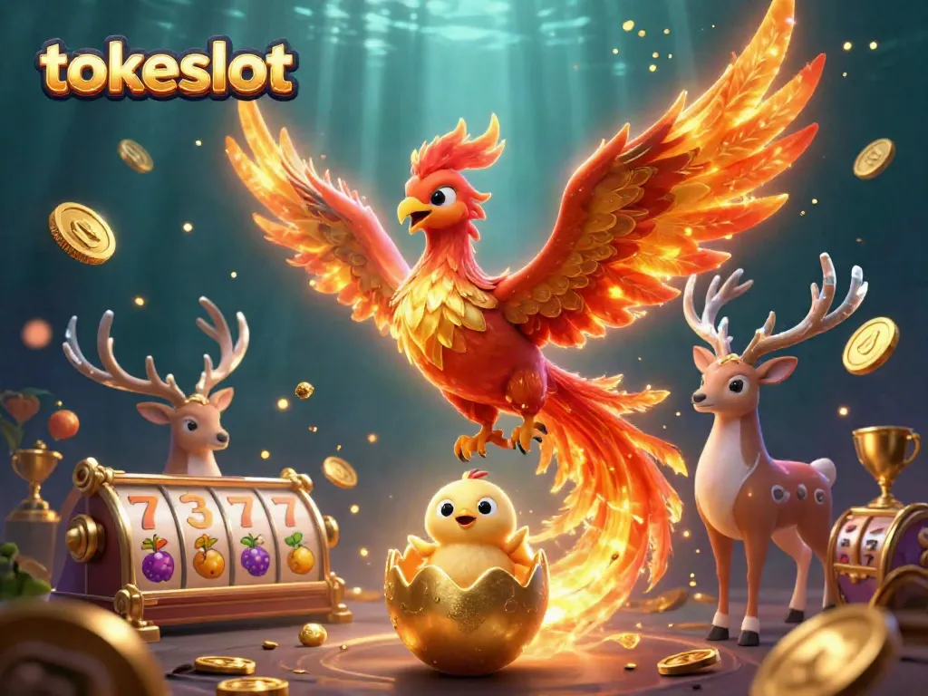 Tokeslot's vibrant slot gaming scene features a phoenix and lucky symbols, capturing excitement.