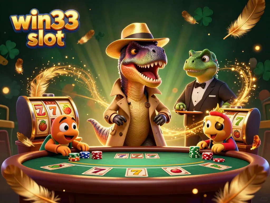 Win33 slot illustration featuring a velociraptor card counter and casino elements in dynamic action.