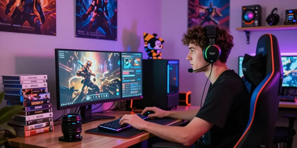 A gamer enjoying an akunjp session in an immersive gaming setup with vibrant decor.
