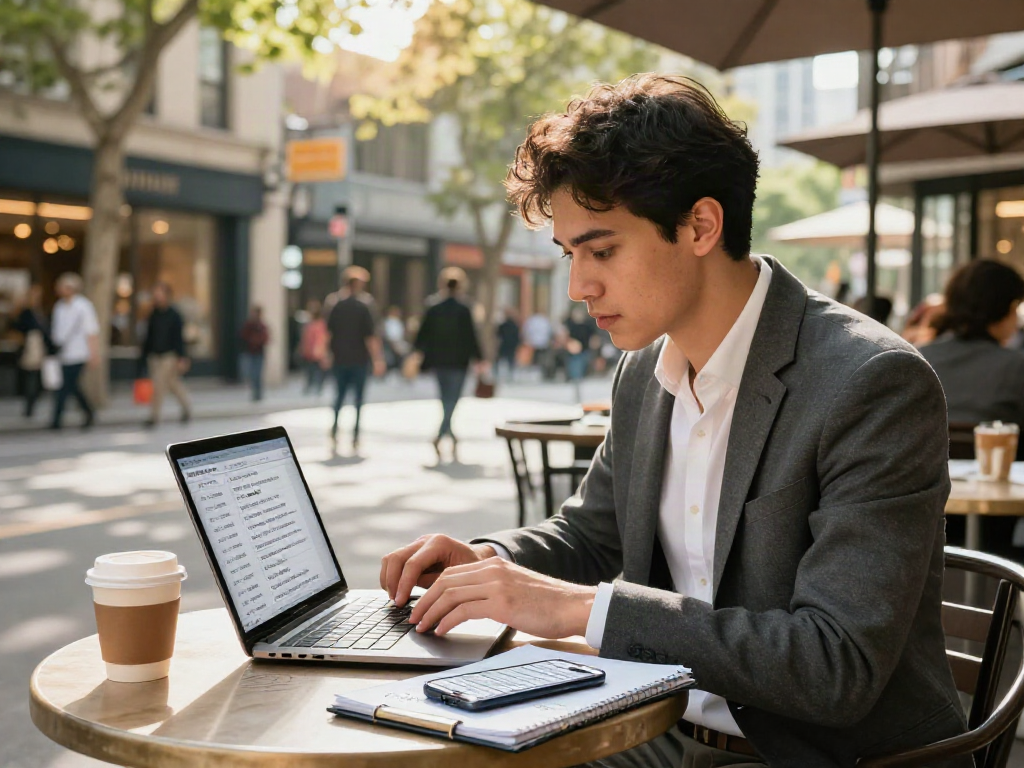 Job seeker reviewing job listings while enjoying coffee, หางาน opportunities visible on laptop.
