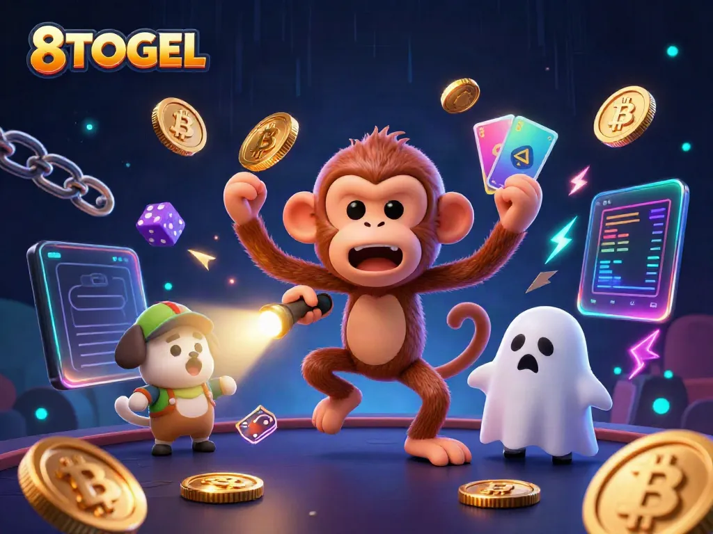 Engage with 8TOGEL in a lively illustrated casino scene featuring a playful poltergeist monkey and a curious puppy.