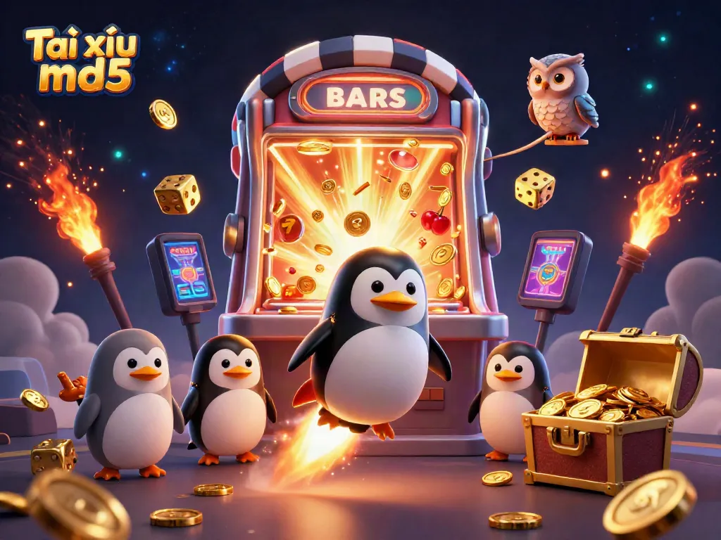 Play Tài xỉu md5 with a golden penguin in a vibrant casino space scene filled with coins.