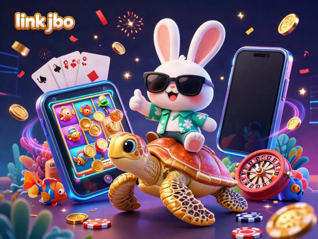 Experience the thrill of gambling with link jbo in this vibrant 3D casino scene featuring a lucky rabbit and golden turtle.