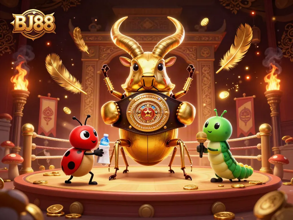 BJ88 captivates bettors with a dynamic 3D illustration featuring a golden stag beetle and lively casino action.