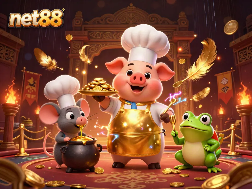 Witness net88's exciting gambling adventure with a chef pig serving gold coins amid vibrant casino elements.