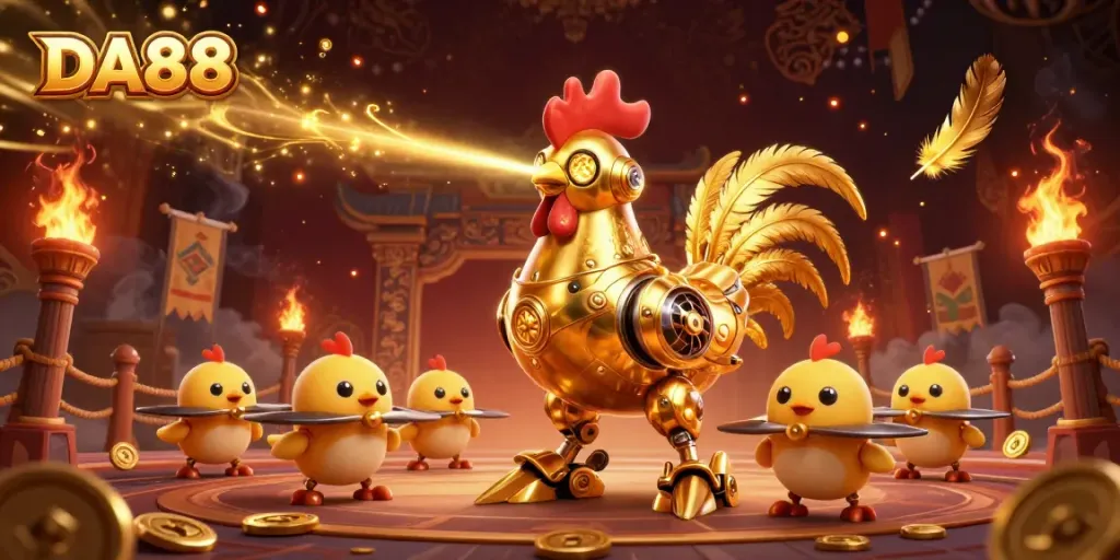 Experience the excitement of DA88 through a futuristic golden rooster robot battling in a vibrant casino environment.