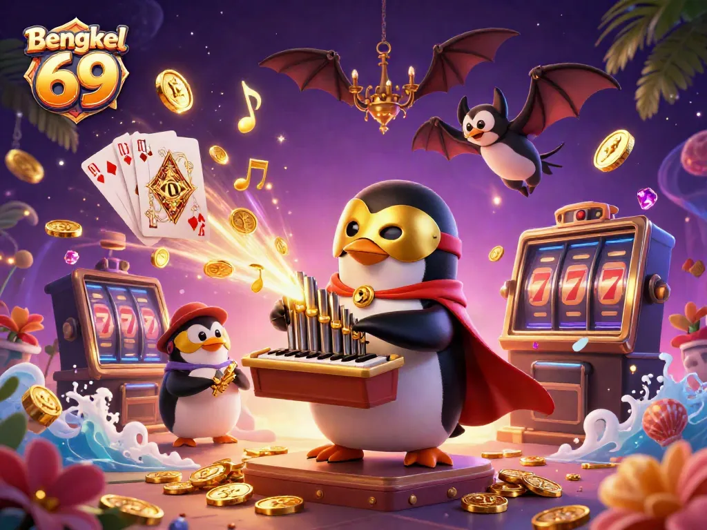Experience thrilling wins with Bengkel 69 through vibrant slot machines and casino elements.