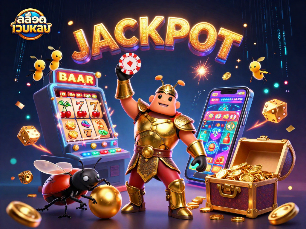 Win big with สล็อตเว็บตรง in this vibrant, action-packed 3D casino scene featuring exciting game elements.