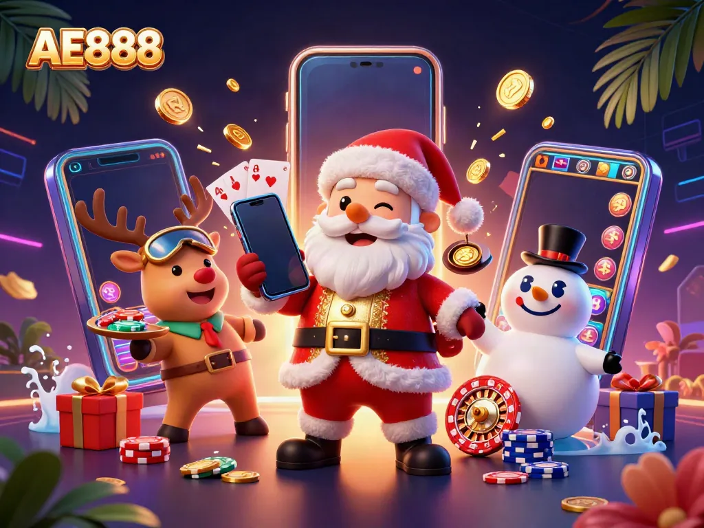 Spin to win at AE888 with Santa in a vibrant casino scene filled with excitement!