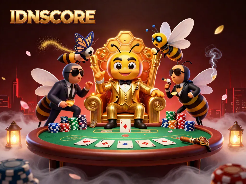 Engage with IDNSCORE's vibrant poker scene featuring a bumblebee mob boss and dynamic gameplay elements.