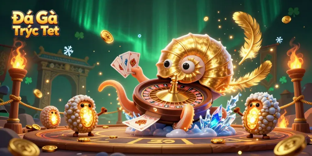 Engage in Đá Gà Trực Tiếp battles featuring vibrant characters, a roulette, and dynamic arena action.