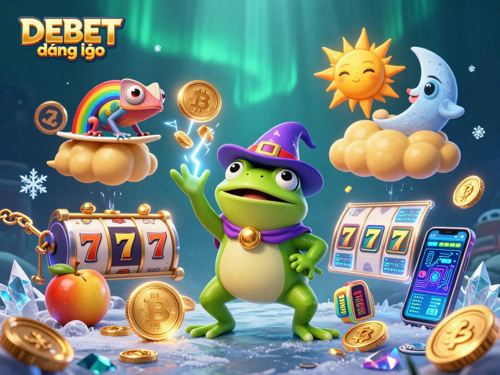 Experience DEBET đăng nhập with a vibrant 3D illustration of a wizard frog and chameleon amidst casino themes and crypto elements.