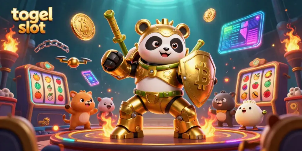 Menangkan togel slot dengan panda emas mengemudikan robot pertempuran di arena kasino yang ramai.