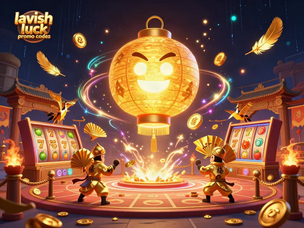 Win big with lavish luck promo codes while enjoying a vibrant casino scene filled with animated characters and game elements.