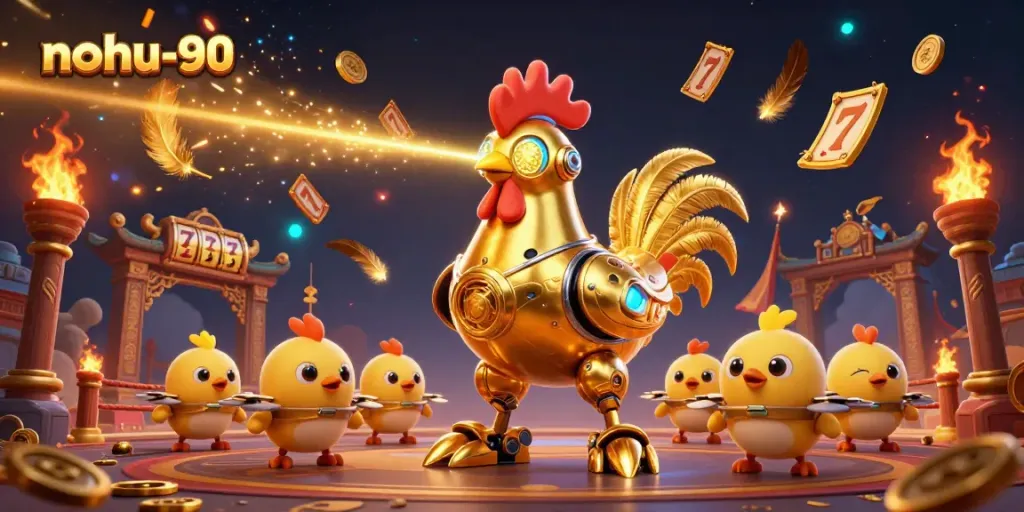 Nohu-90 features a dynamic 3D scene depicting a golden rooster robot surrounded by lively casino elements and baby chick drones.