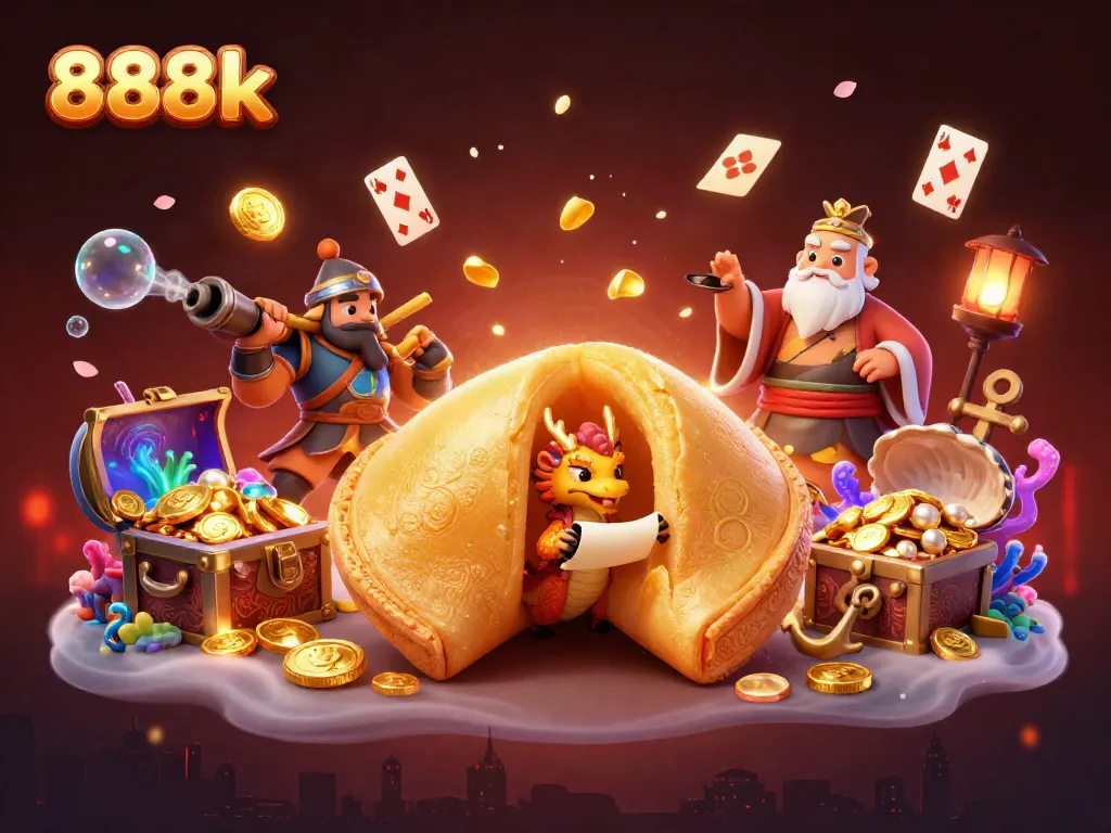 Engage with 888k's dynamic casino experience featuring a golden fortune cookie with treasures, games, and mini characters.