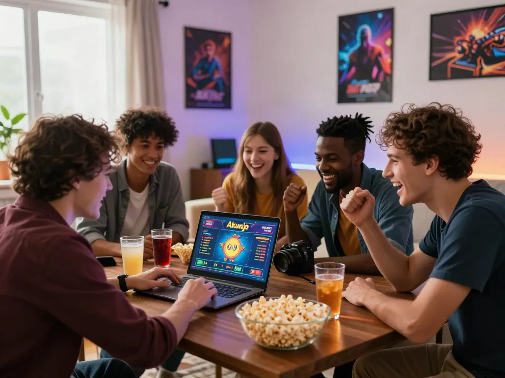 Akunjp gaming session with friends enjoying online gambling in a lively living room.