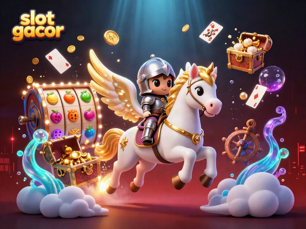 Engage with slot gacor gameplay amidst a vibrant 3D scene featuring whimsical characters, slot reels, and dynamic casino elements.