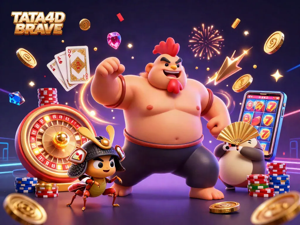 TATA4D BRAVE casino illustration featuring a sumo wrestler rooster, a fierce cricket, and a tanuki announcer