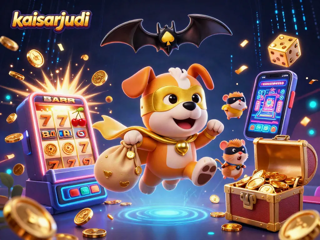 Experience kaisarjudi's vibrant casino atmosphere with a superhero dog and hamster amid vivid slot machines and jackpots.