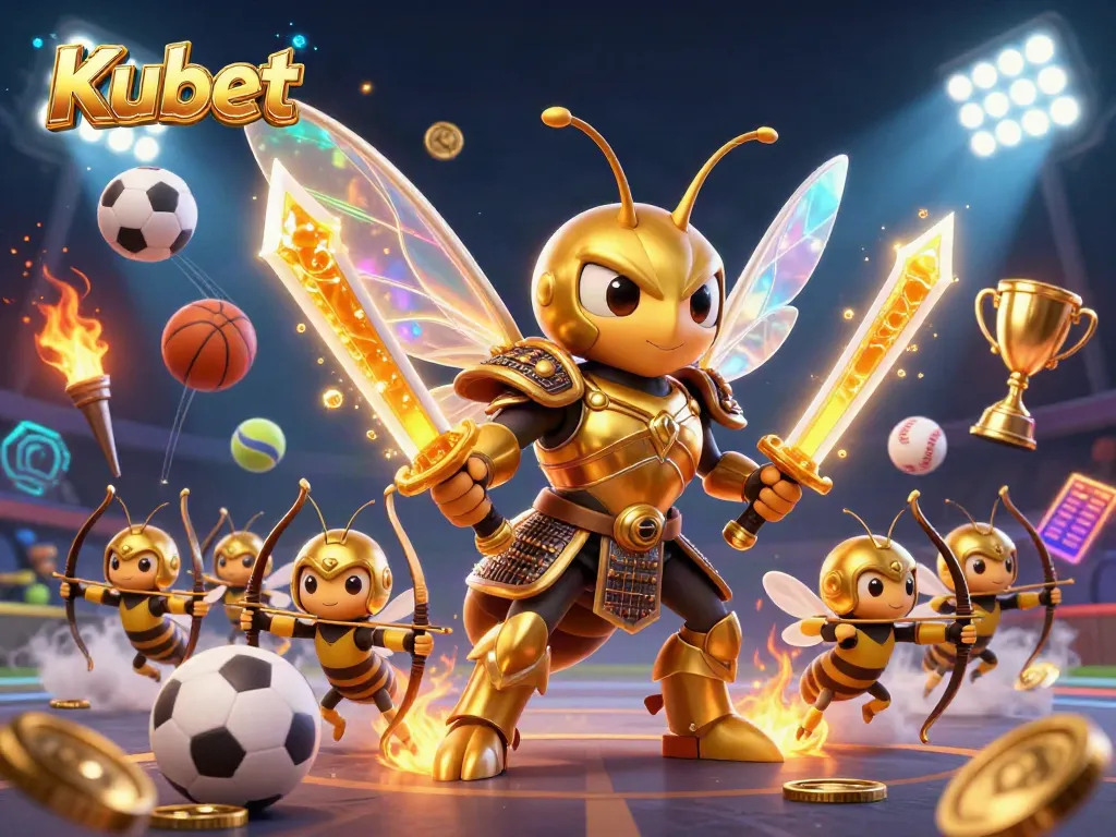 Kubet showcases a vibrant 3D scene of sports betting action with a golden hornet samurai amidst dynamic game elements.