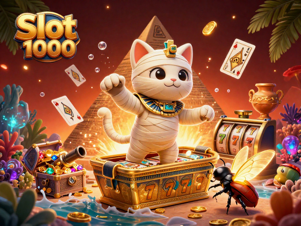 Spin the reels with Slot 1000 as a mummy cat emerges in a vibrant casino scene.
