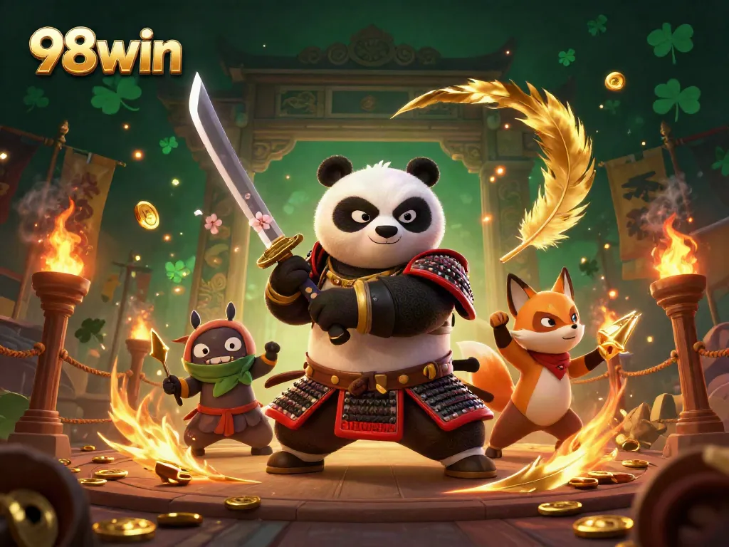 Experience exhilarating wins at 98win, where a fierce panda samurai battles with magical companions amidst a lavish gambling scene.