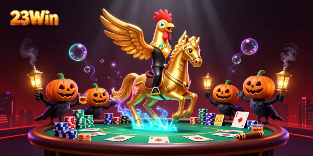 Experience thrilling action with 23Win as the golden rooster explores a vibrant midnight casino.