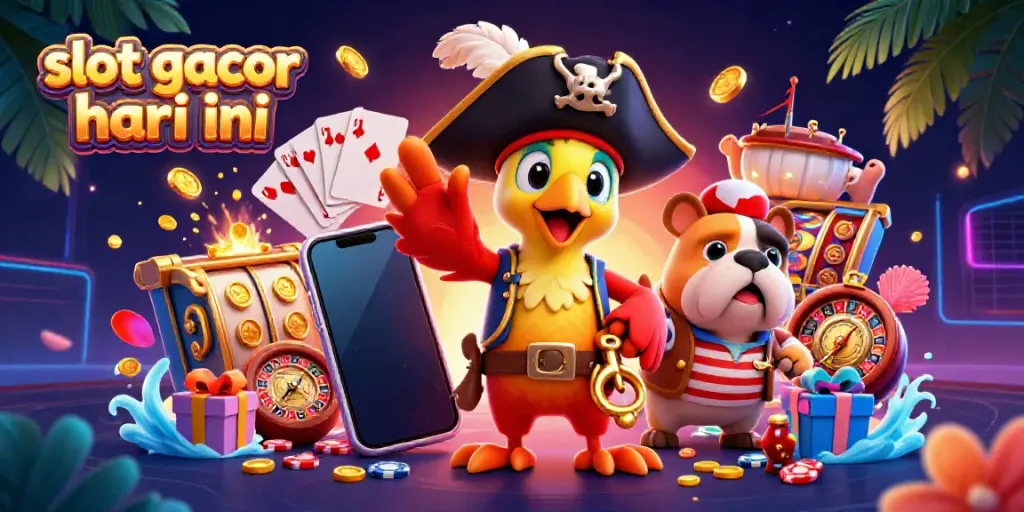 Experience the thrill of slot gacor hari ini with this vibrant 3D pirate scene showcasing colorful gaming elements.