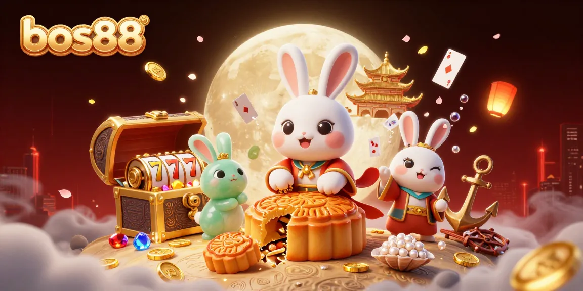 Gambarkan slot bos88 yang menarik dengan karakter kelinci di bulan dan koin emas berserakan di sekitar.