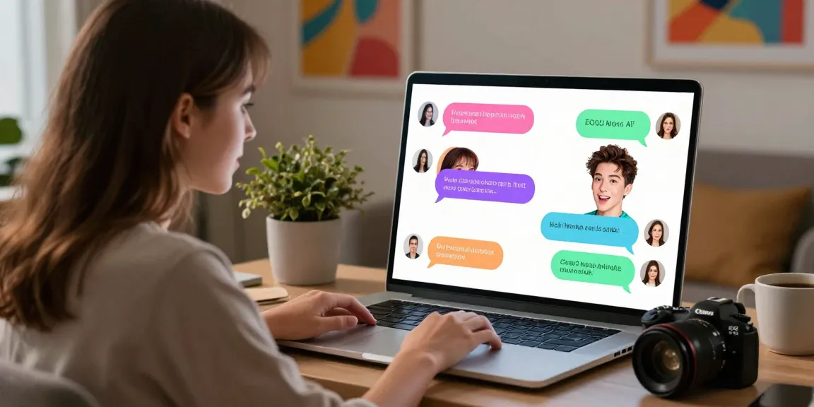 Engaging AI chat porn experience with a user chatting with a virtual assistant in a cozy setting.