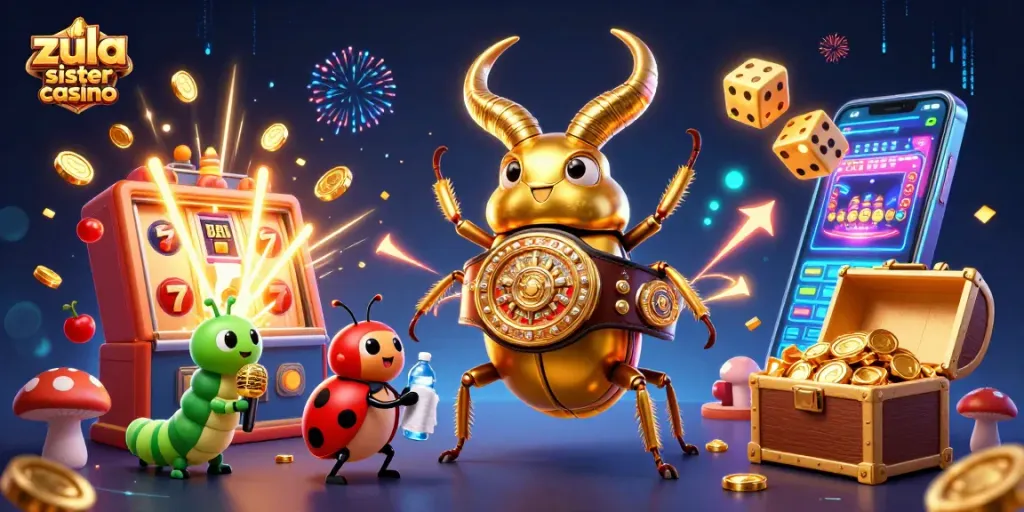 Zula sister casino shines with vibrant 3D characters, slot machines, and gaming elements in a dynamic casino scene.