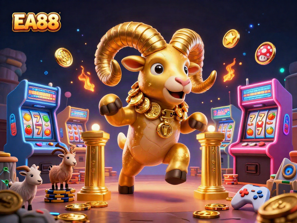 Spin to win with EA88's vibrant casino scene featuring a golden ram and slot reels.